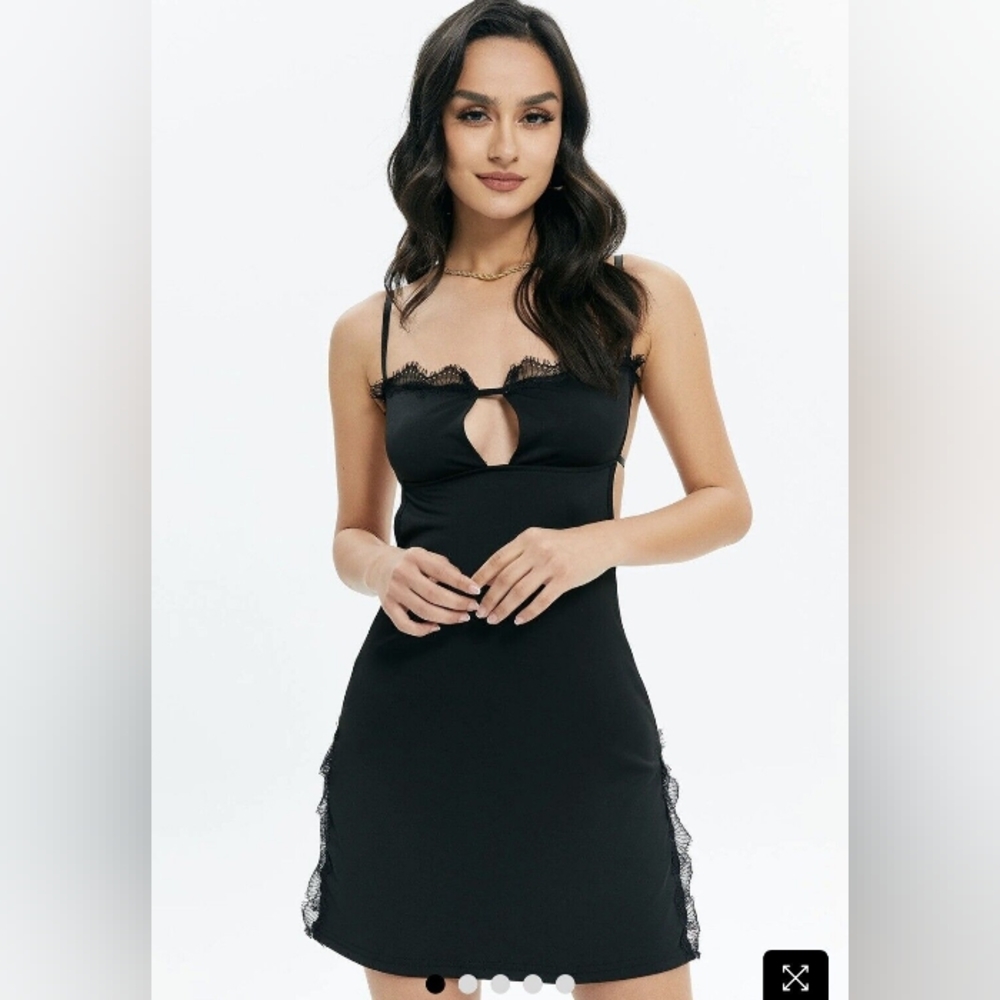 MICAS Black Party Dress Spaghetti Straps Open Back Women's Large NWT
